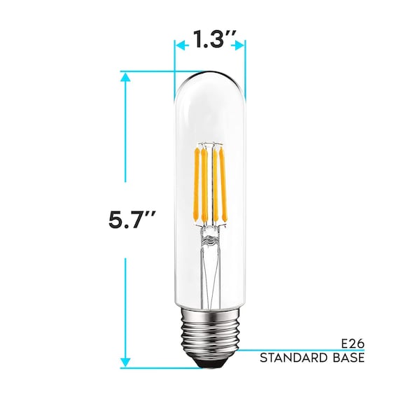 T10 Edison LED Light Bulbs 5W (60W Equivalent) 500LM 3000K Soft White Dimmable E26 Base 6-Pack